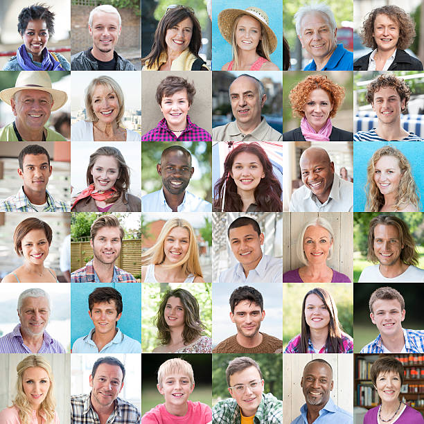 Smiling Faces Smiling faces of a variety of people. 36 different individuals. Multiple ethnicity. Casual. contact sheet photos stock pictures, royalty-free photos & images