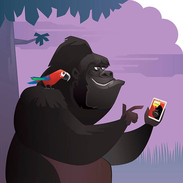 goryl rozmawiać - telephone chimpanzee monkey on the phone stock illustrations