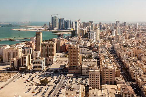 Aerial view over the city of Manama, Kingdom of Bahrain, Middle East