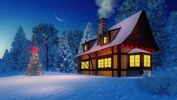 istock Illuminated rustic house and christmas tree at night 501655534