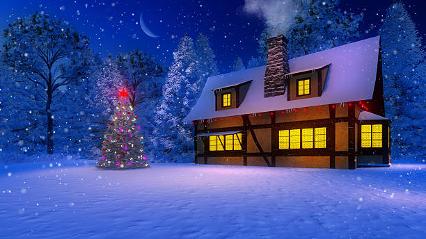 istock Cozy rustic house and christmas tree at snowing night 501655606