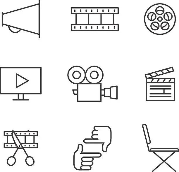 Vector illustration of Film, movie and video outline icons vector set. Minimalistic design.