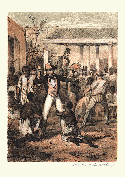 Vintage engraving of a Plantation Master with whip at the Slave market, while a man begs not to be separated from his son and daughter. From the anti slavery story De planter brunel en zijne slaven asa en neno, by Henderikus Christophorus Schetsberg, Netherlands. 1858.