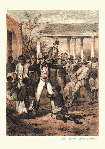 History of Slavery - Plantation Master at the Slave market Vintage engraving of a Plantation Master with whip at the Slave market, while a man begs not to be separated from his son and daughter. From the anti slavery story De planter brunel en zijne slaven asa en neno, by Henderikus Christophorus Schetsberg, Netherlands. 1858. american slavery stock illustrations