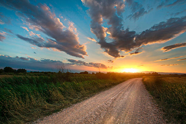 Beautiful sunset on a country road Country road through Emporda on a beautiful sunset night. single lane road footpath dirt road panoramic stock pictures, royalty-free photos & images