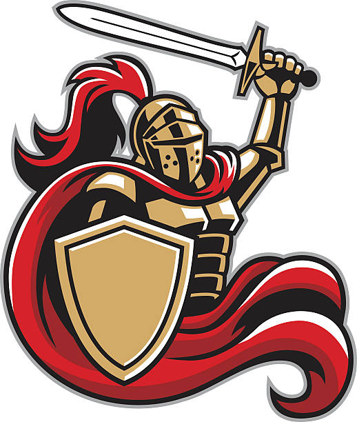 ilustraciones, imágenes clip art, dibujos animados e iconos de stock de knight con apantallamiento y espada - medieval knight helmet suit of armor