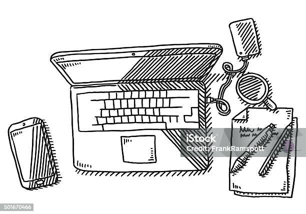 Work Desk Laptop Overhead View Drawing Stock Illustration - Download Image Now - Computer Cable, Drawing - Art Product, Black And White