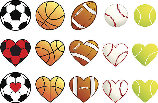 sport balls and hearts, vector set football,basketball,soccer, baseball and tennis ball heart, vector set heart shaped basketball stock illustrations