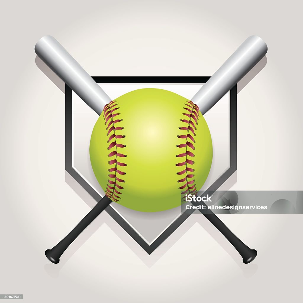 Vector Softball, Bat, and Homeplate Emblem Illustration An illustration of a softball, bat, and home plate. Vector EPS 10 file contains transparencies and gradient mesh. Softball - Sport stock vector