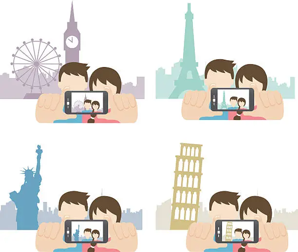Vector illustration of couple taking photo of themselves when travelling