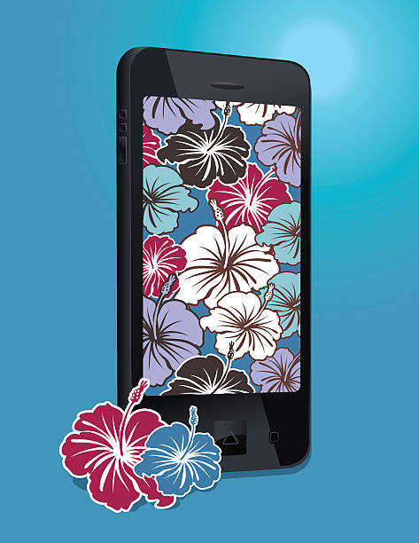 ilustraciones, imágenes clip art, dibujos animados e iconos de stock de teléfono inteligente con hawaiian hibiscus fondo - hibiscus single flower flower red