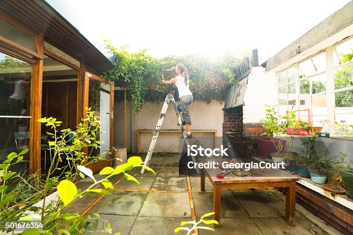 istock Woman Cuts Overgrown Creepers in Courtyard 501676354