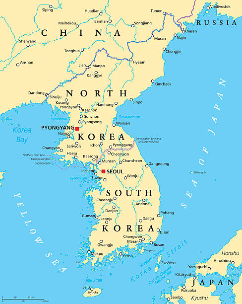 illustrations, cliparts, dessins animés et icônes de carte politique de la péninsule coréenne - yellow sea