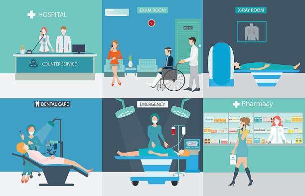 illustrations, cliparts, dessins animés et icônes de info graphique de services médicaux avec des médecins et des patients. - scientific imaging technique illustrations