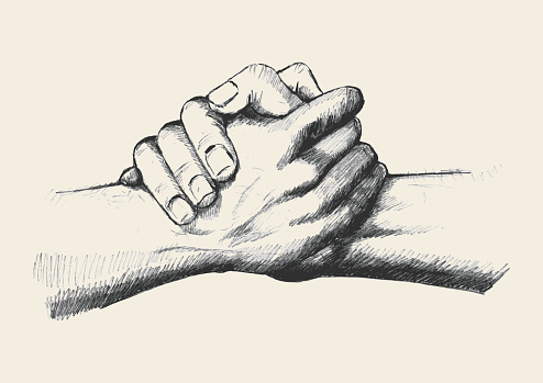 Pencil sketch of two hands holding each other strongly traced in vector format