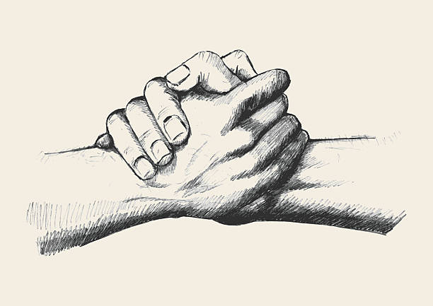 Friendship Or Team Up Pencil sketch of two hands holding each other strongly traced in vector format unity illustrations stock illustrations
