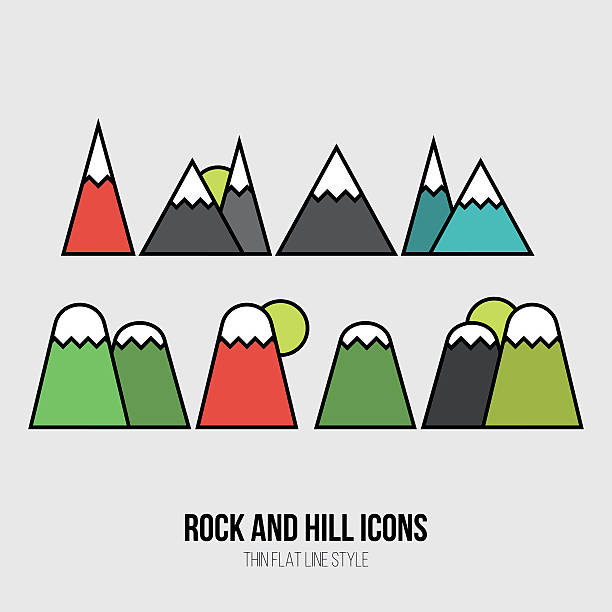 Icons set of mountains and hills with sunset vector art illustration