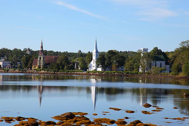 Scenic view of Mahone Bay, Nova Scotia, Canada. View of three churches.
