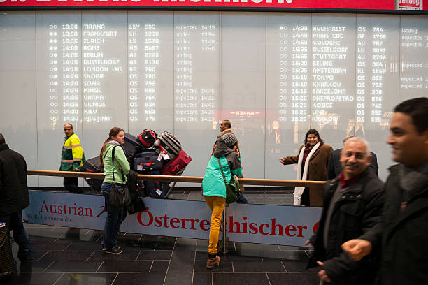 Vienna International Airport arrivals Vienna, Austria - January 29, 2013: Arriving passengers walk past the arrival board as friends and loved ones wait on the other side of the barrier at Vienna International Airport in Vienna, Austria airport porter stock pictures, royalty-free photos & images