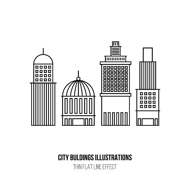 Simple City Buldings icons in thin flat line vector art illustration