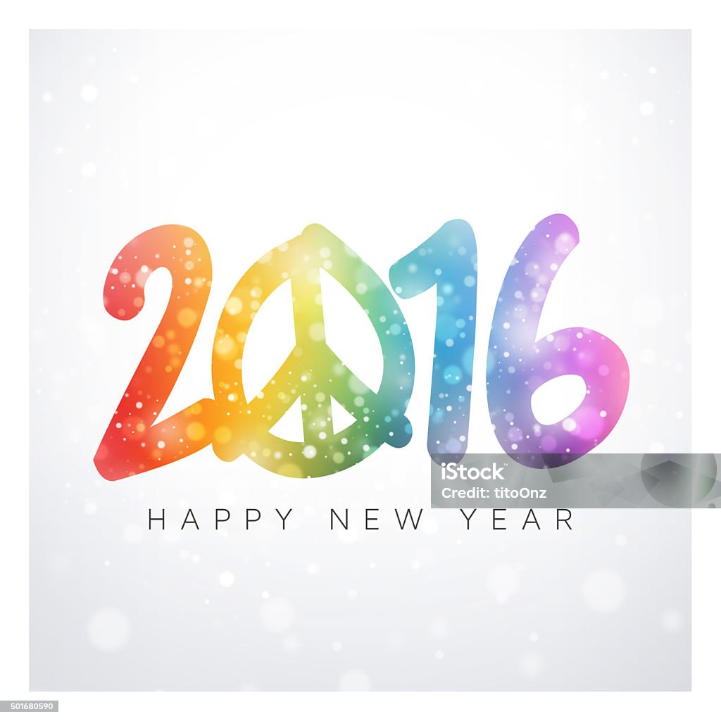 2016 Peaceful greeting card New year 2016 colorful date with peace and love symbol in snowfall 2015 Stock Photo