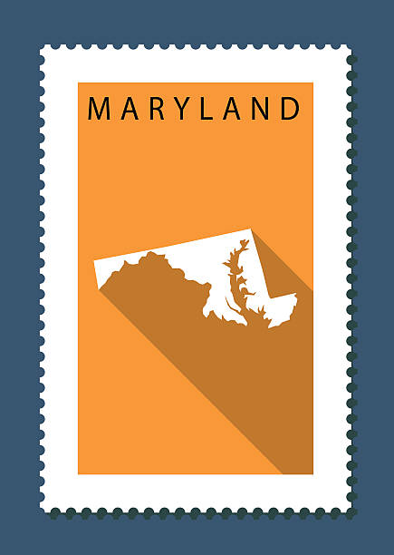 Maryland Map on Orange Background, Long Shadow, Flat Design,stamp Map of Maryland on orange background with a flat design style and a long shadow effect on stamp maryland us state stock illustrations