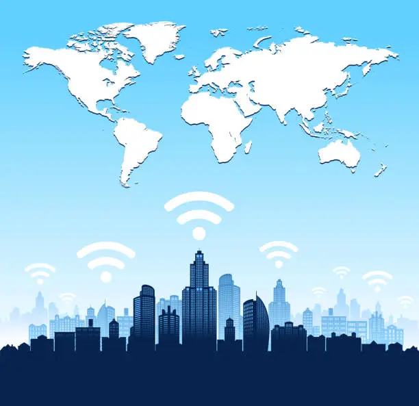 Vector illustration of Wi-Fi panoramic city skyline and World Map royalty free vector