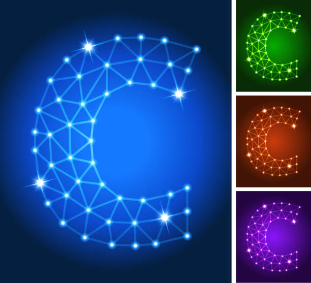 C on triangular nodes connection structure vector art C on triangular nodes connection structure. The line art indicates internet connection, molecular structure, node connection and flowing energy. This modern technology is ideal for information architecture and connectivity drawings. Glowing circles in blue, red, purple and green are included in icon download of vector art and jpg file. easy black and white drawing stock illustrations