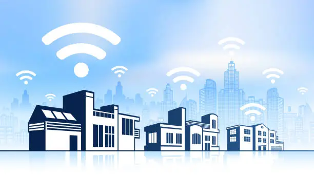 Vector illustration of Wi-Fi Buildings on panoramic city skyline Backgrounds