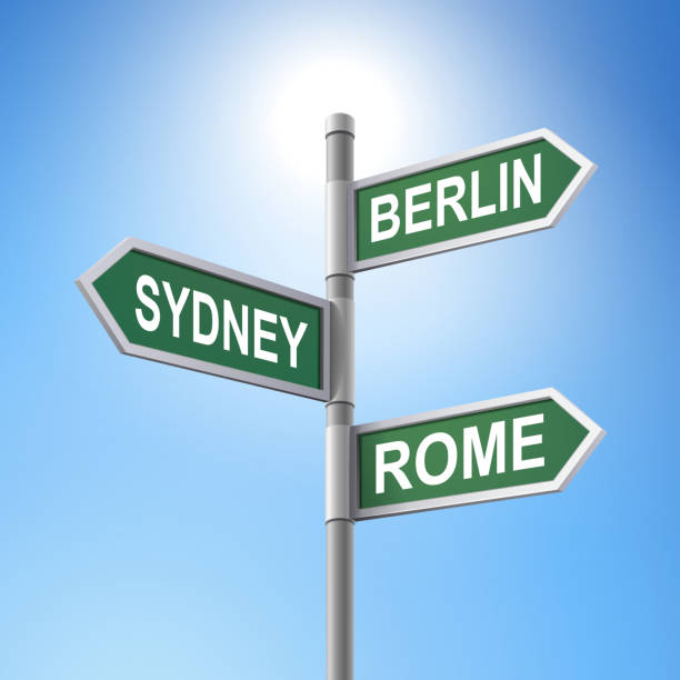 istock 3d road sign saying berlin and rome and sydney 501689873