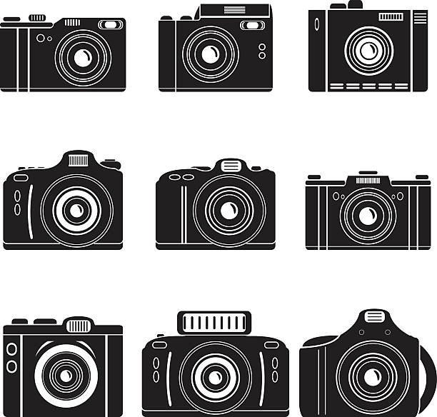 ilustraciones, imágenes clip art, dibujos animados e iconos de stock de vector conjunto de cámara - art movie retro revival camera