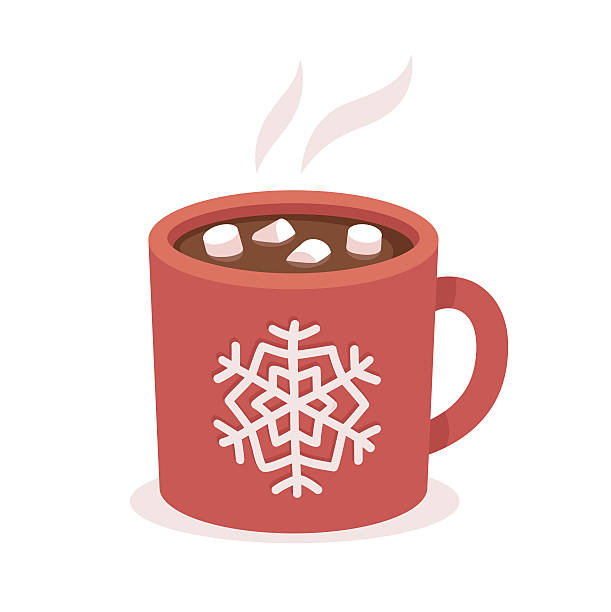 Hot chocolate cup Hot chocolate cup with marshmallows, red with snowflake ornament. Christmas greeting card design element. Isolated vector illustration. marshmallow chocolate stock illustrations