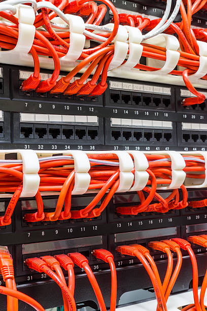 istock Close up of red network cables connected to switch 501702108