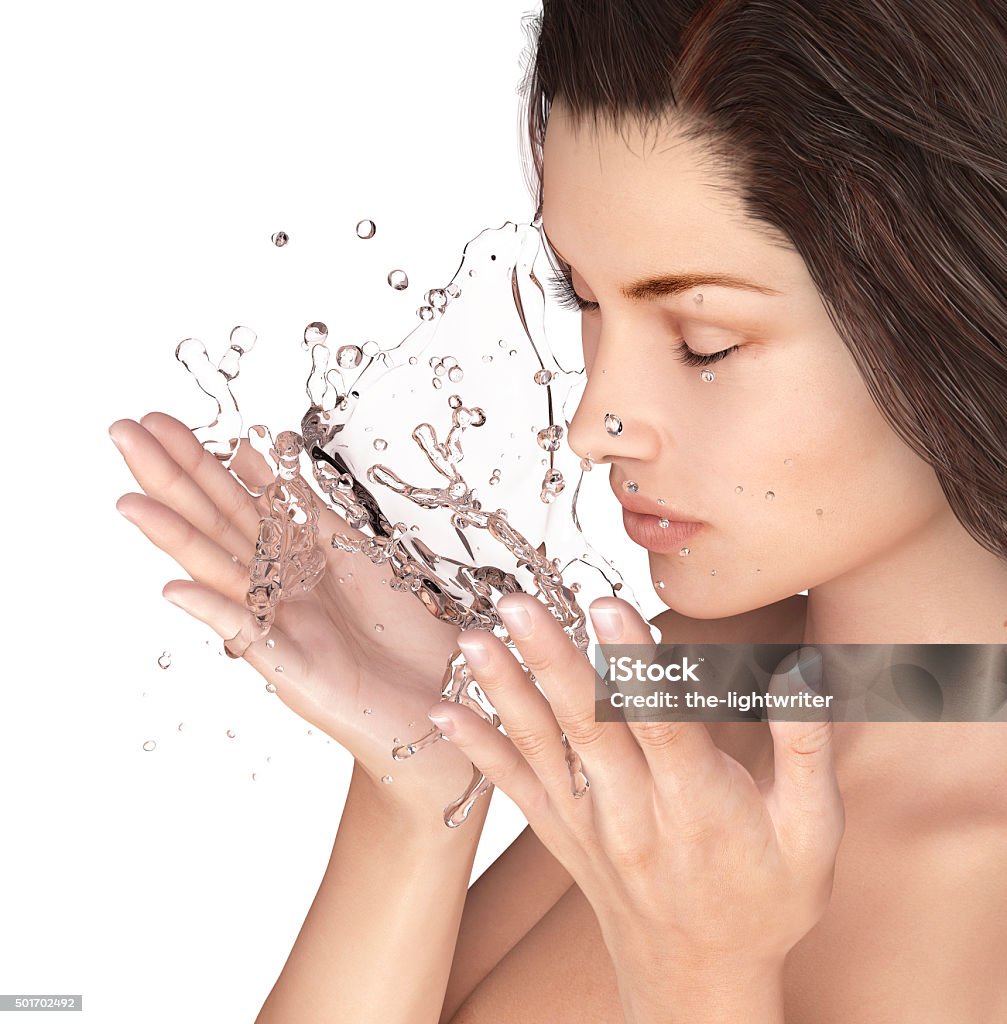 Beautiful woman washing her face isolated Beautiful woman washing her face isolated on white Water Stock Photo