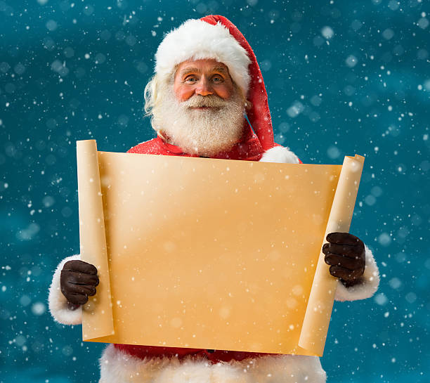 Santa Claus holding vintage paper blank sign stock photo