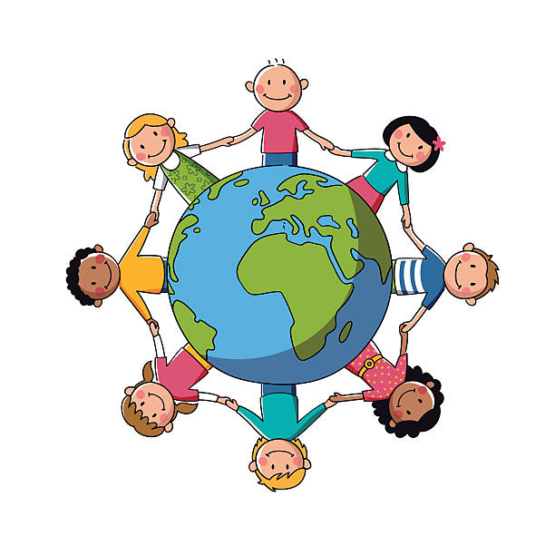 Kids around the World - Europe & Africa kids holding hands around a globe. objects are grouped and in separate layers. african american boy drawing stock illustrations