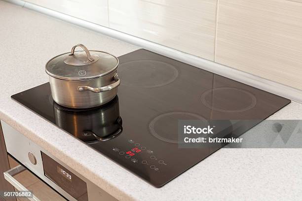 Metal Steel Saucepan In Modern Kitchen With Induction Stove Stock Photo - Download Image Now