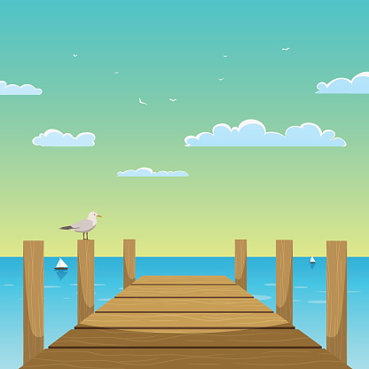Cartoon illustration of the wooden pier with seagull.