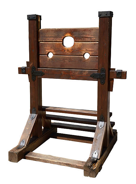 Medieval stocks Wooden block for punishment isolated on white. medieval restraints stock pictures, royalty-free photos & images