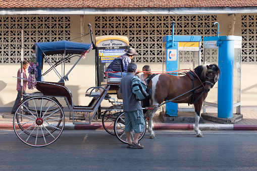 Jemaa el-Fnaa viwe, horse carriages are waiting for tourists at medina of Marrakech, Morocco.