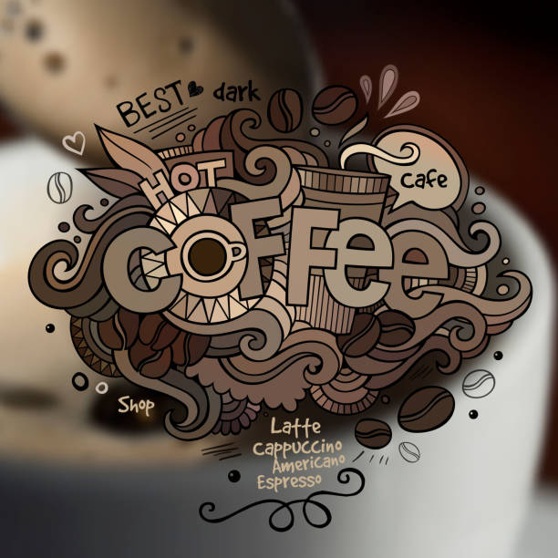 ilustraciones, imágenes clip art, dibujos animados e iconos de stock de café mano letras y garabatos, elementos - black abstract engraved image coffee