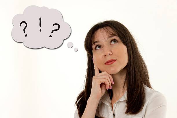 istock Thinking woman with question and exclamation signs in bubbles 501710418