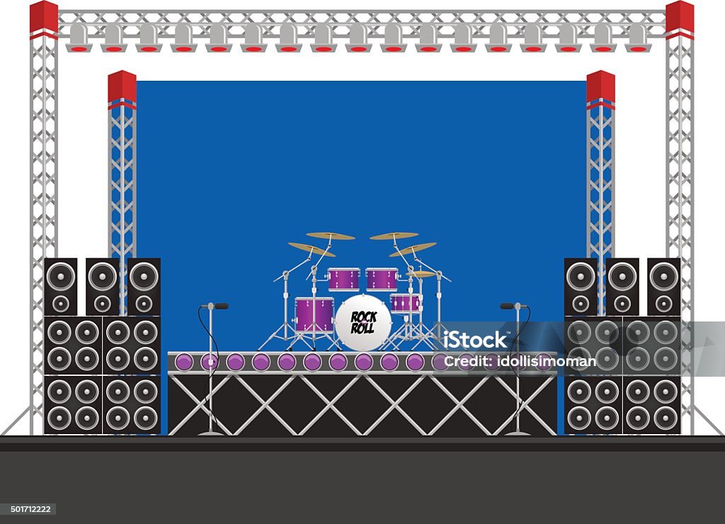 Big Concert Stage with Speakers and Drums Big modern concert and festival stage with drum kit, speakers, lighting rigs, drum riser, microphones and equipment Drum Kit stock vector