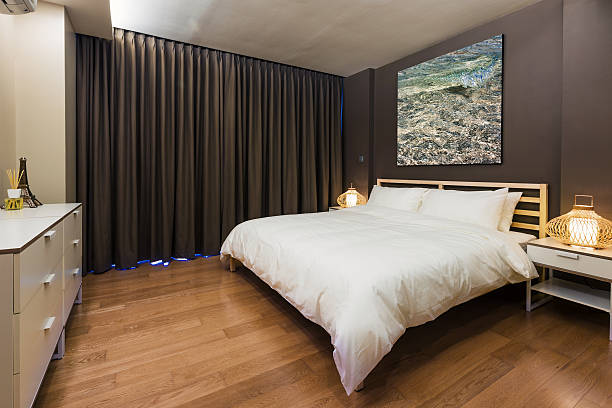 istock Bedroom interior design. Large bed and Big window 501712524