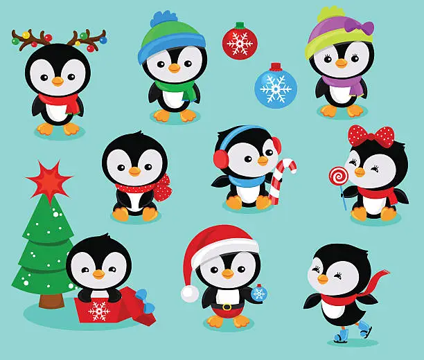 Vector illustration of Collection of cute Christmas penguins kids. Vector illustration