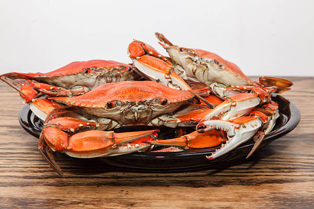 istock Heap of steamed Blue Crabs on a wooden table 501712963