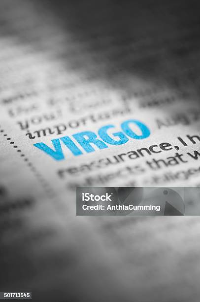 Virgo Horoscope In A Newspaper Typed In Blue Stock Photo - Download Image Now - Article, Astrology Sign, Astronomy
