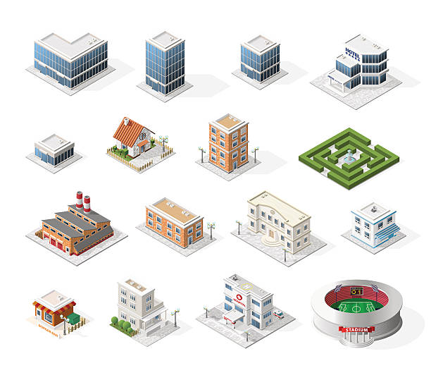 Isometric High Quality City Street Urban Buildings on White Background. Isolated Vector Elements. building activity stock illustrations