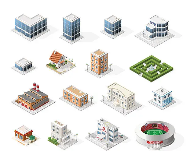 Vector illustration of Isometric High Quality City Street Urban Buildings on White Background.