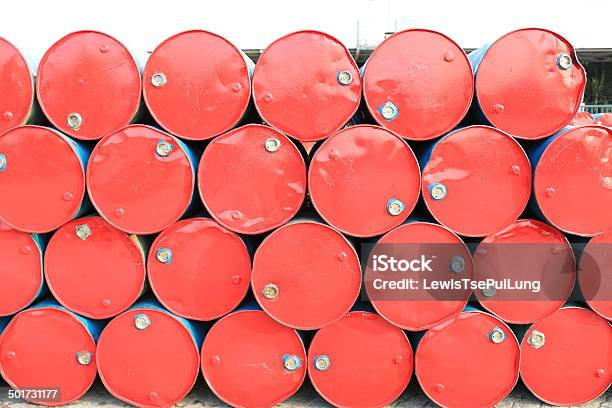 Old Red Barrell In Hong Kong China Stock Photo - Download Image Now - Oil Drum, Full, Stack